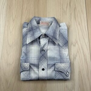 VTG H Bar C Ranchwear Long Tails Pearl Snap Shirt Blue Plaid Men 15.5-33 Western